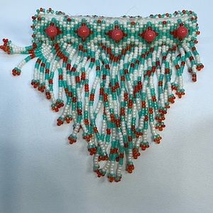 Handmade Alaska Native Beaded Barrette with white/teal/orange beads and dangles